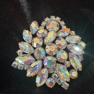 Signed Weiss Vintage Brooch Pin Aurora Borealis Rhinestone Large Floral Spray